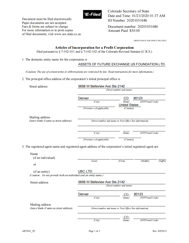 AFE Foundation Colorado registration certificate